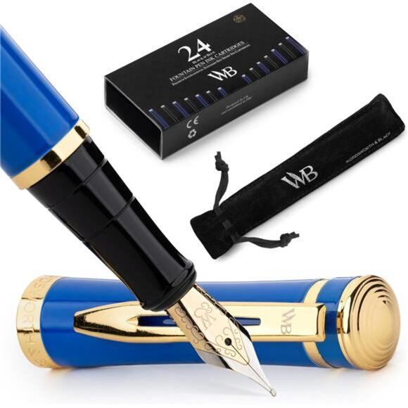 Black Fountain Pen Set, 18K Gilded Medium Nib, Includes 24 Pack - Picture 1 of 14